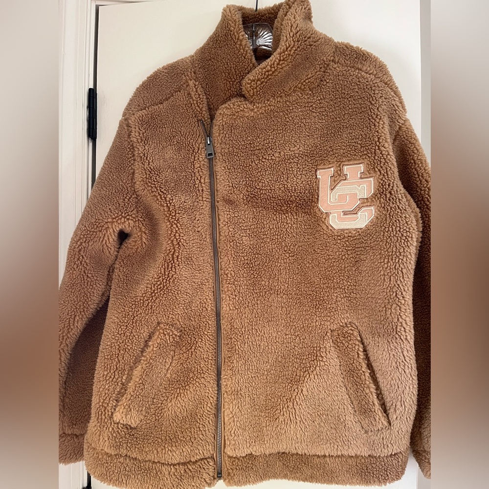 Urbancode Men's College Badge Borg Jacket Camel Brown Size S